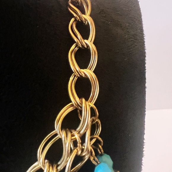 Statement Bib Necklace Gold Tone Turquoise Black And Wooden Beads Dangle Boho - Picture 4 of 6